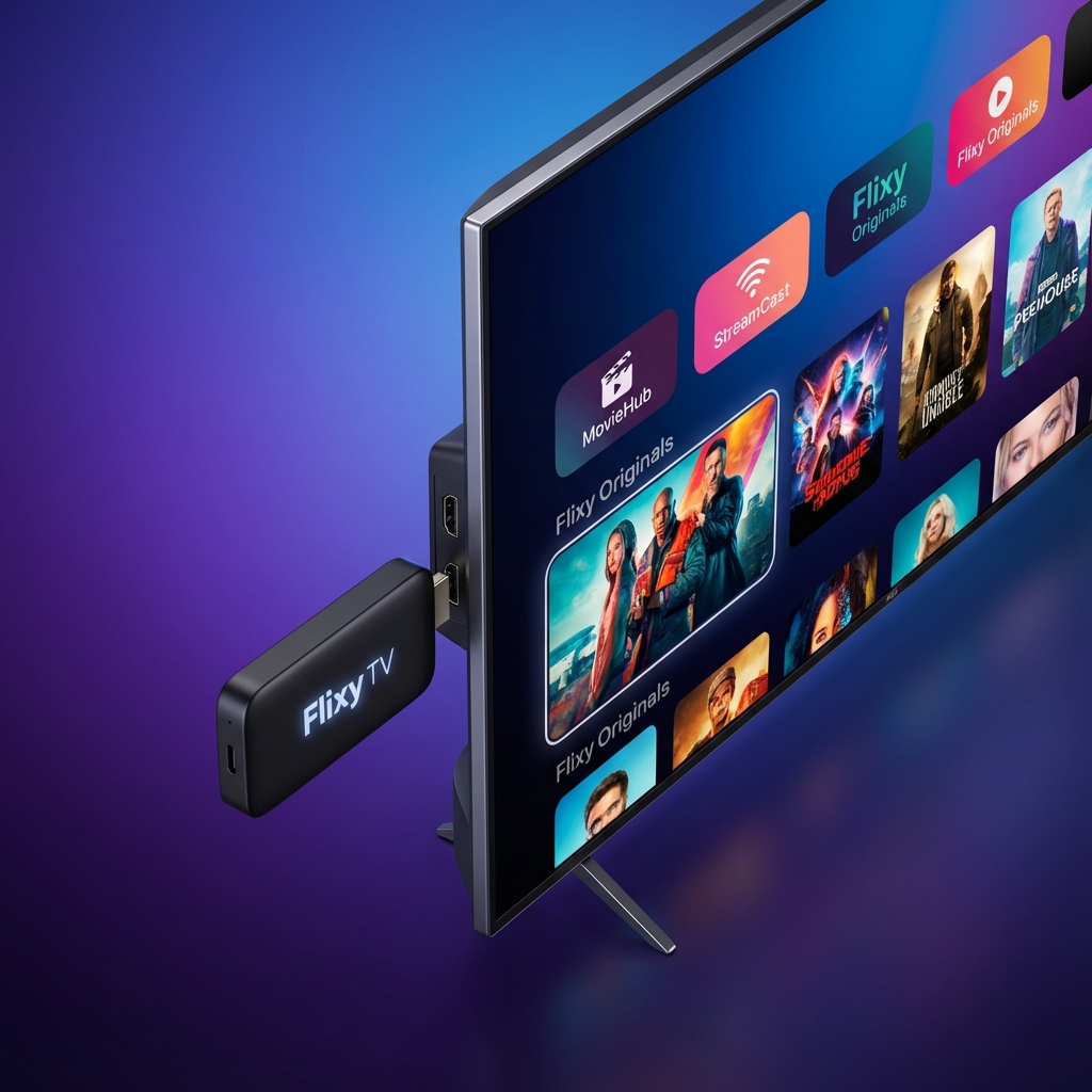 Illustration of Flixy TV Stick plugged into a television